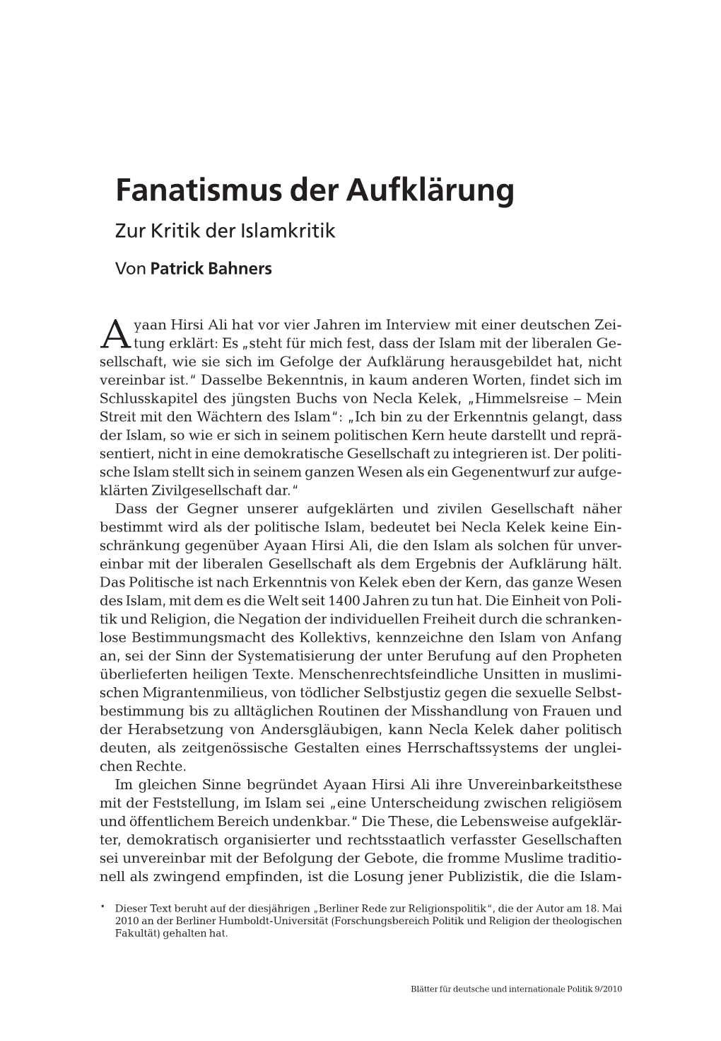 Fanatismus Der Aufklärung. Zur Kritik Der Islamkritik