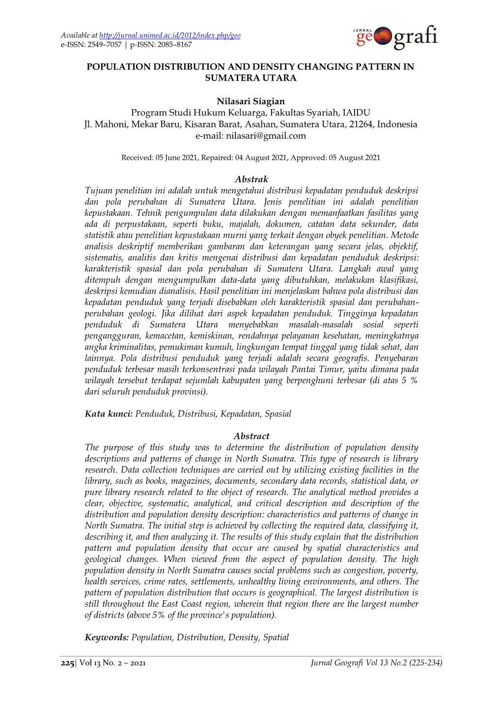 Population Distribution and Density Changing Pattern in Sumatera Utara