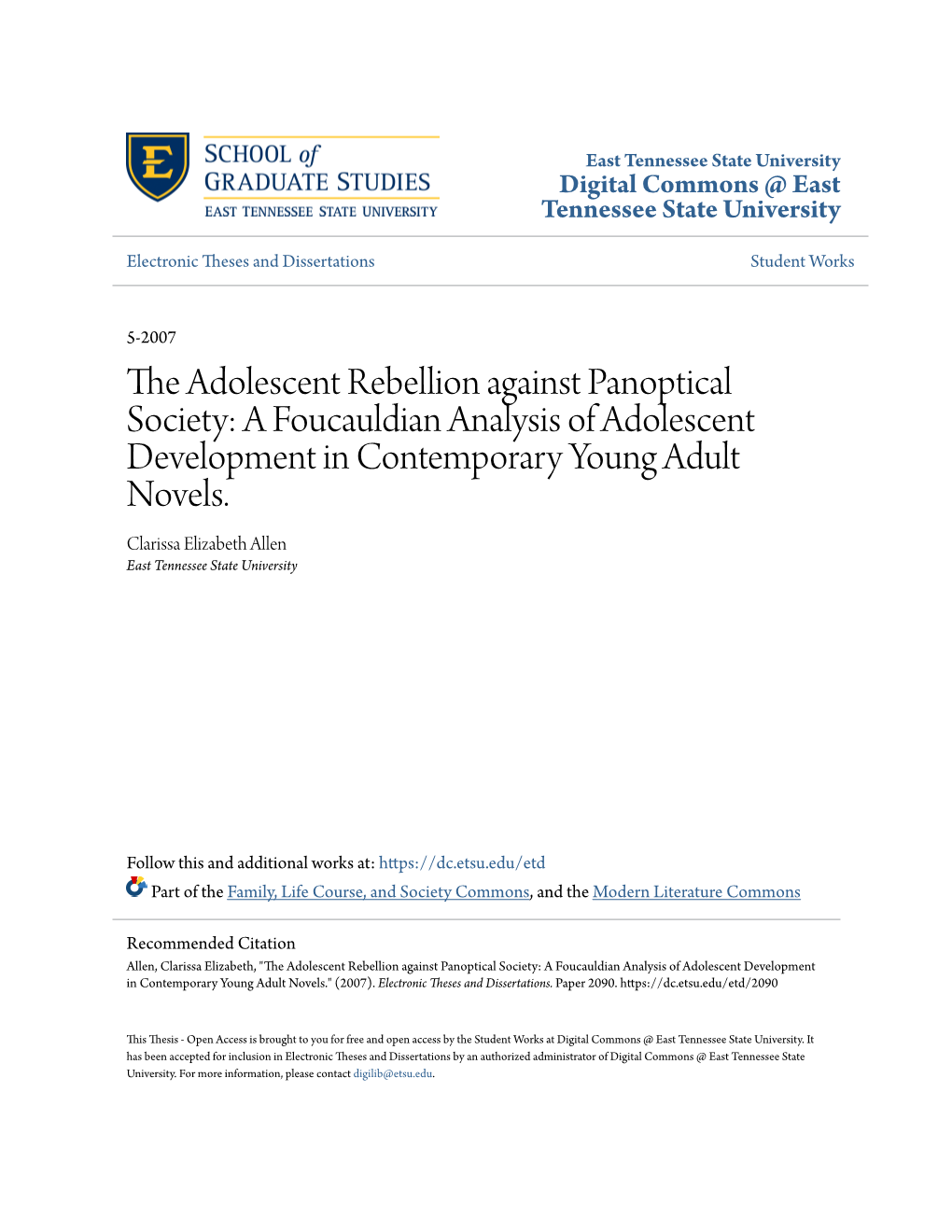 The Adolescent Rebellion Against Panoptical Society: a Foucauldian Analysis of Adolescent Development in Contemporary Young Adult Novels