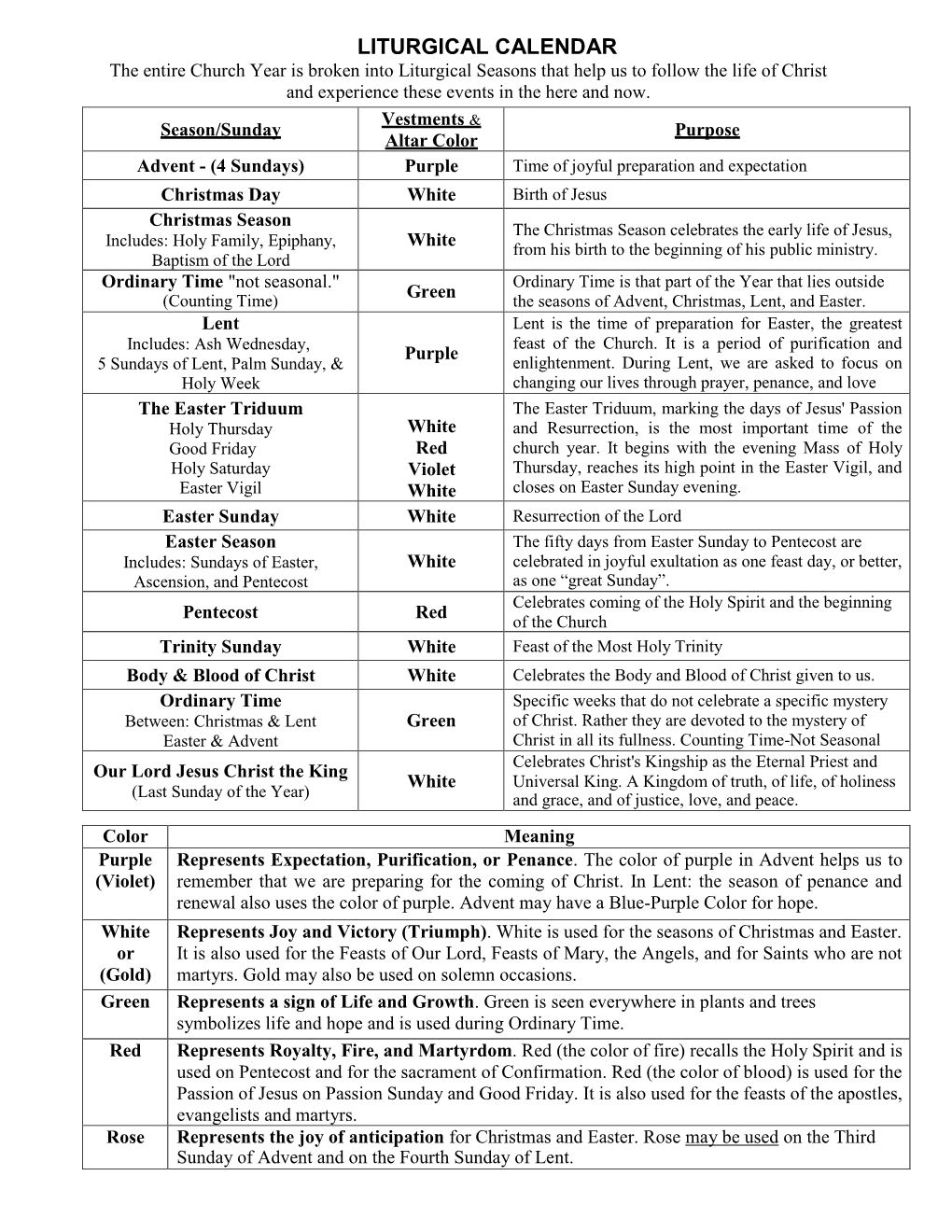 LITURGICAL CALENDAR the Entire Church Year Is Broken Into Liturgical Seasons That Help Us to Follow the Life of Christ and Experience These Events in the Here and Now