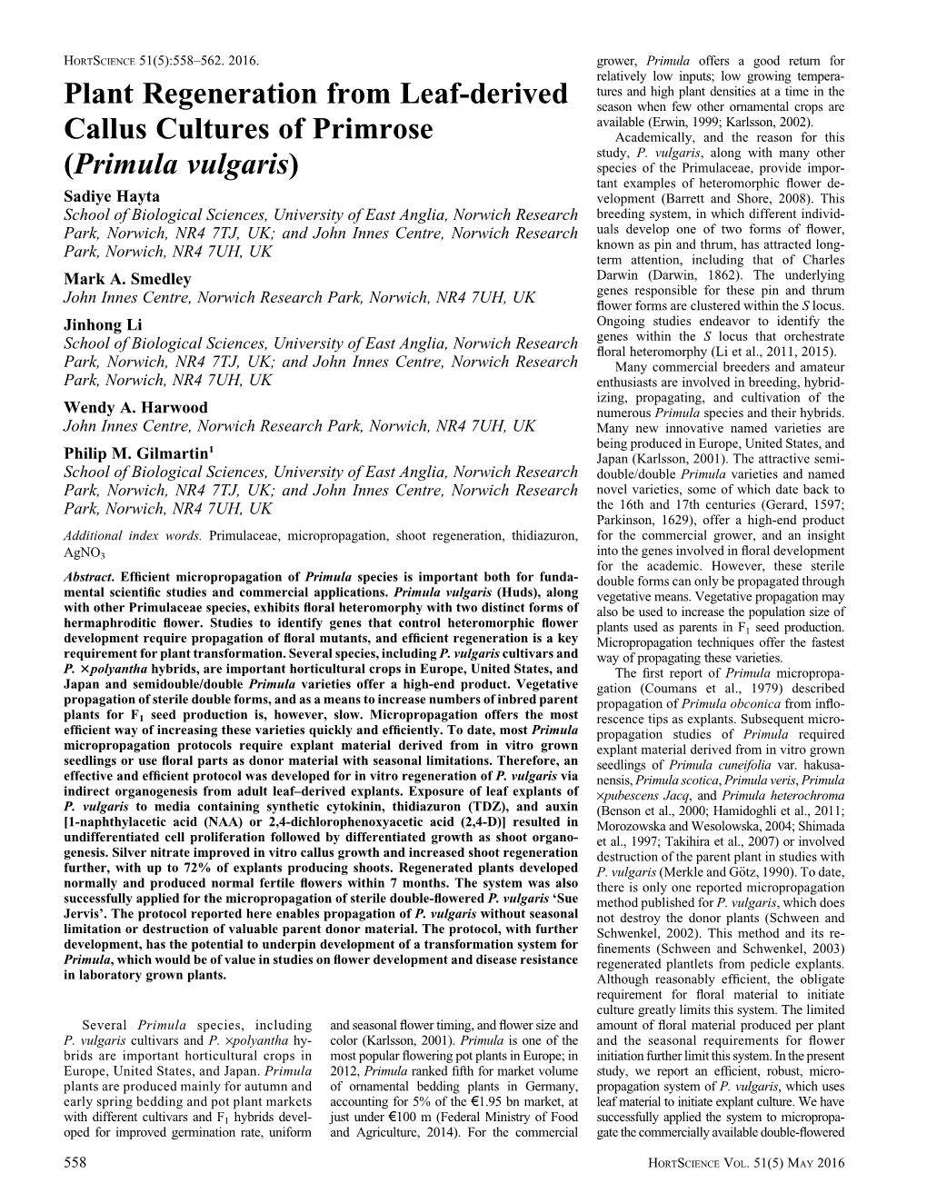 Plant Regeneration from Leaf-Derived Callus Cultures of Primrose