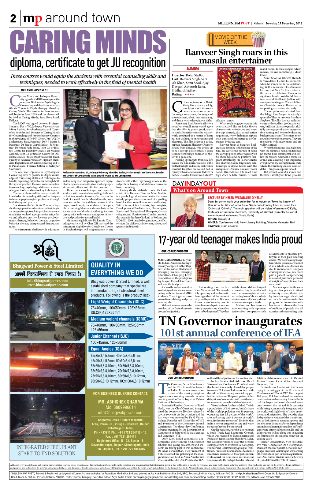 Mp Around Town MILLENNIUM POST | Kolkata| Saturday, 29 December, 2018