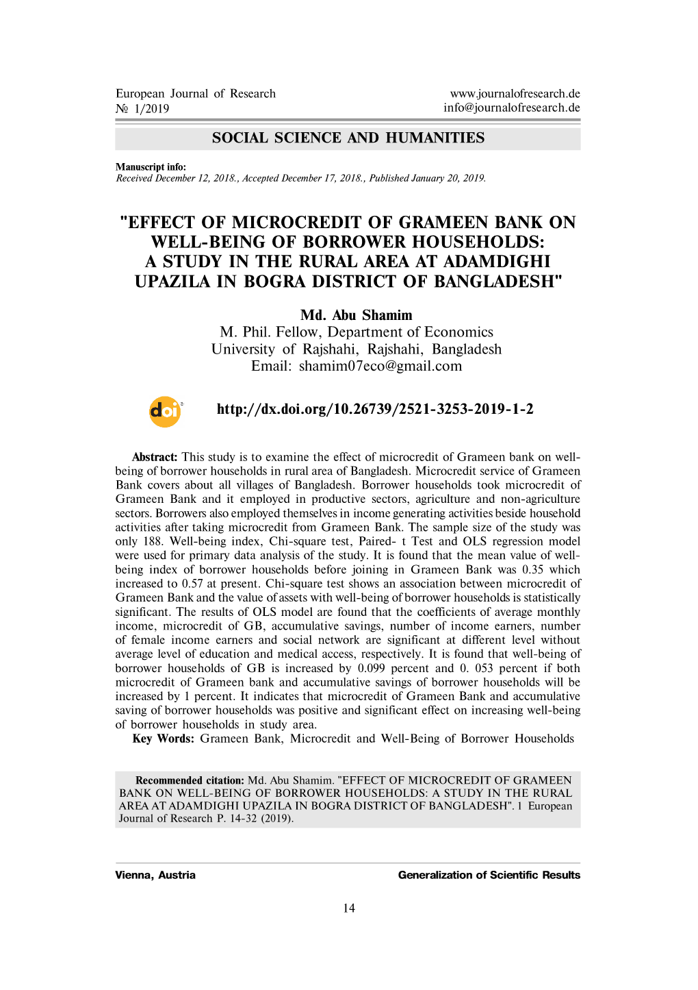 "Effect of Microcredit of Grameen Bank on Well-Being of Borrower Households: a Study in the Rural Area at Adamdighi Upazila in Bogra District of Bangladesh"