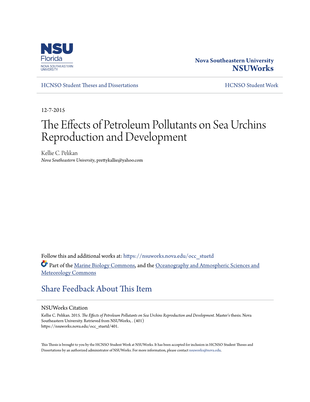 The Effects of Petroleum Pollutants on Sea Urchins Reproduction and Development
