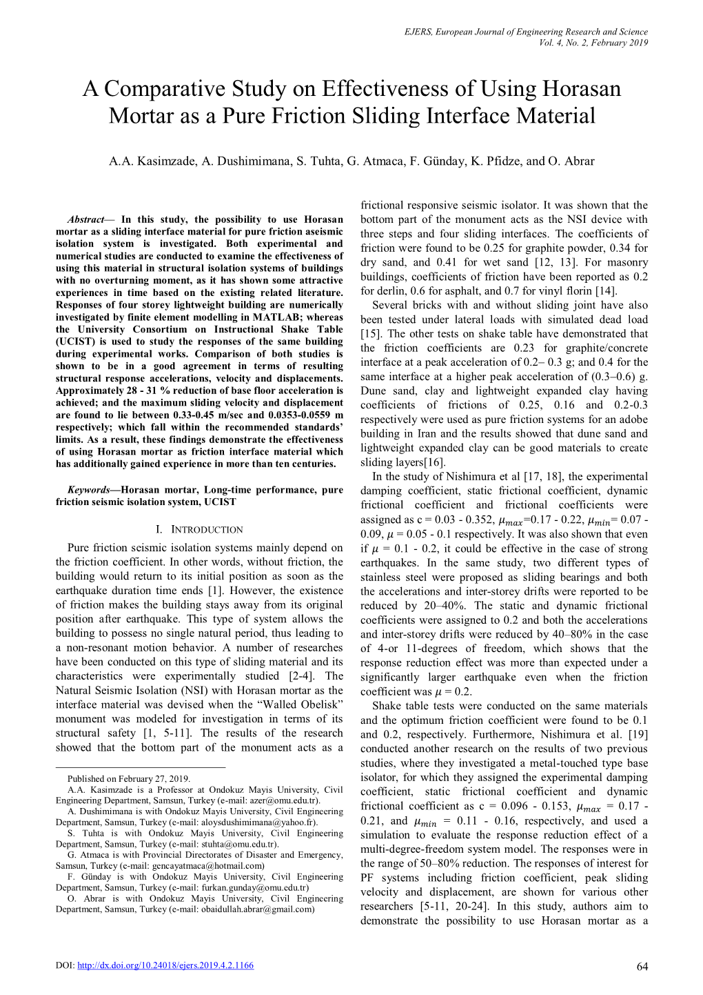 A Comparative Study on Effectiveness of Using Horasan Mortar As a Pure Friction Sliding Interface Material