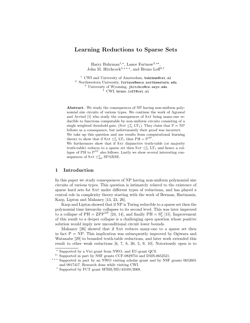 Learning Reductions to Sparse Sets