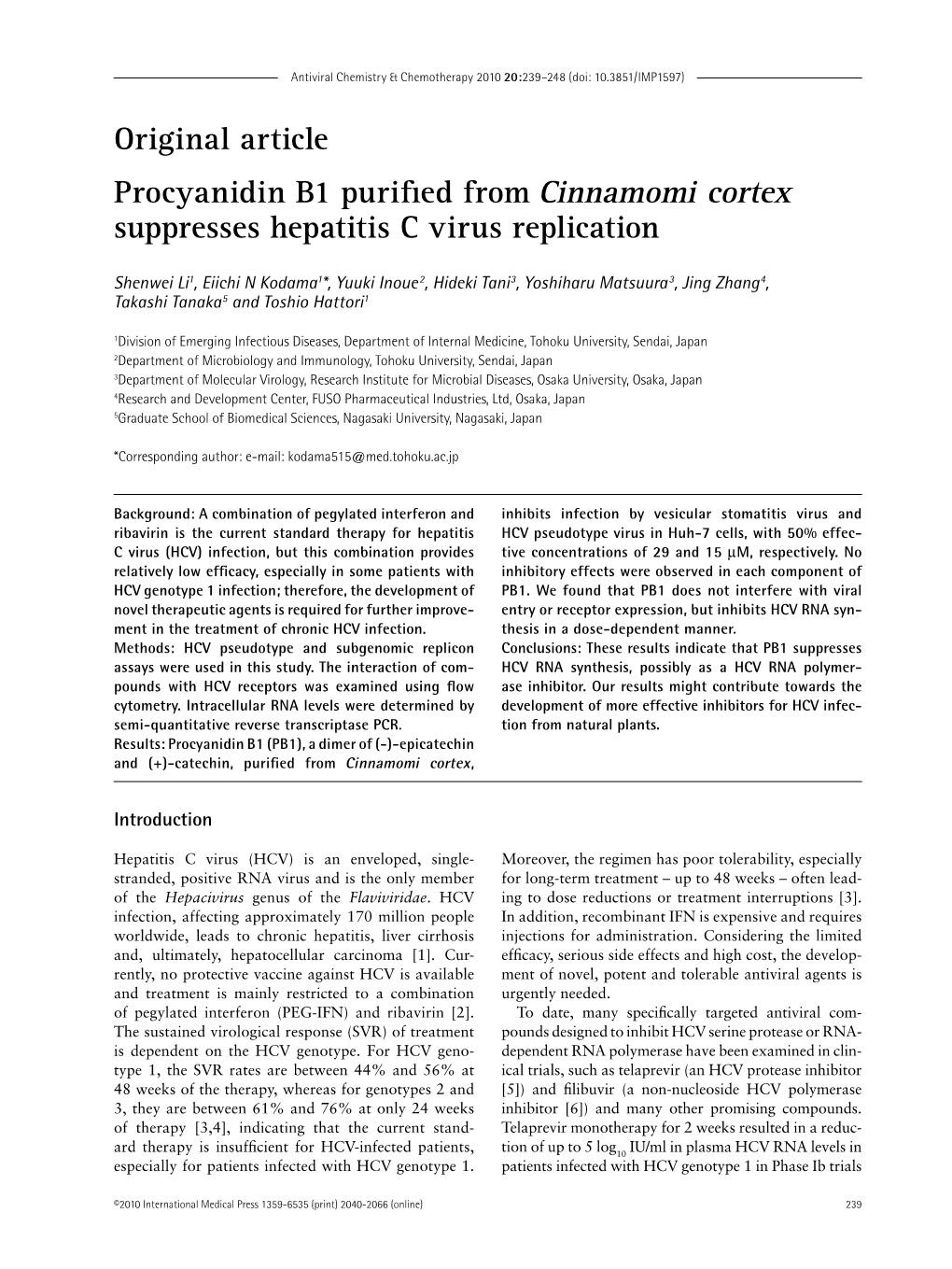 Original Article Procyanidin B1 Purified from Cinnamomi Cortex Suppresses Hepatitis C Virus Replication