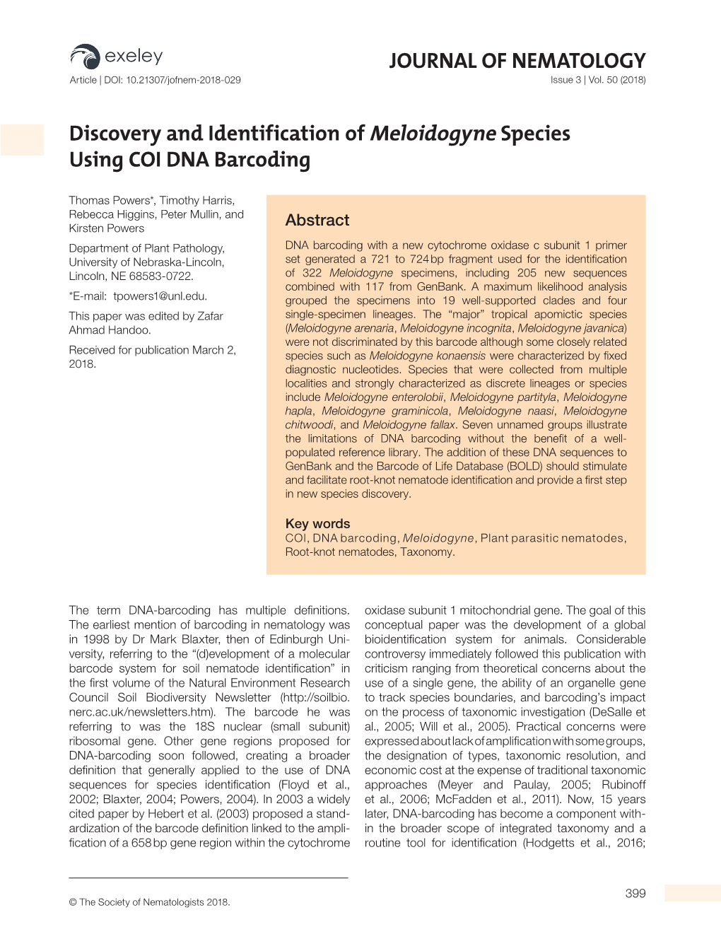 JOURNAL of NEMATOLOGY Discovery and Identification of Meloidogyne Species Using COI DNA Barcoding