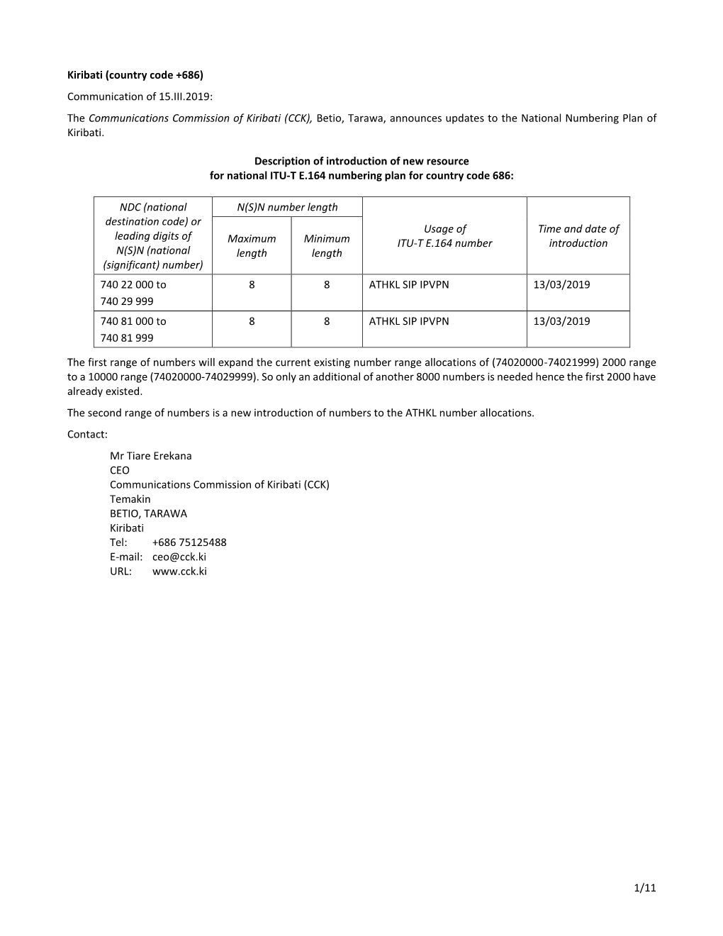 The Communications Commission of Kiribati (CCK), Betio, Tarawa, Announces Updates to the National Numbering Plan of Kiribati