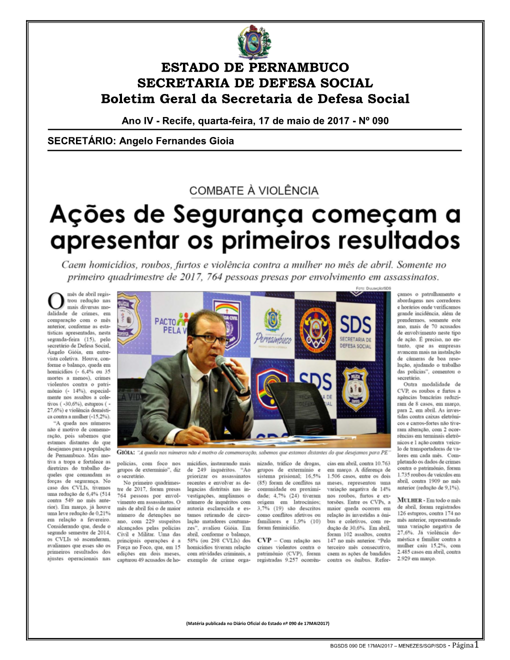 ESTADO DE PERNAMBUCO SECRETARIA DE DEFESA SOCIAL Boletim Geral Da Secretaria De Defesa Social