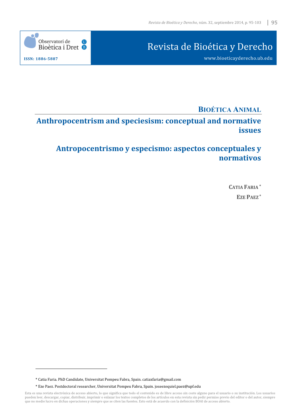 Antropocentrismo Y Especismo: Aspectos Conceptuales Y Normativos