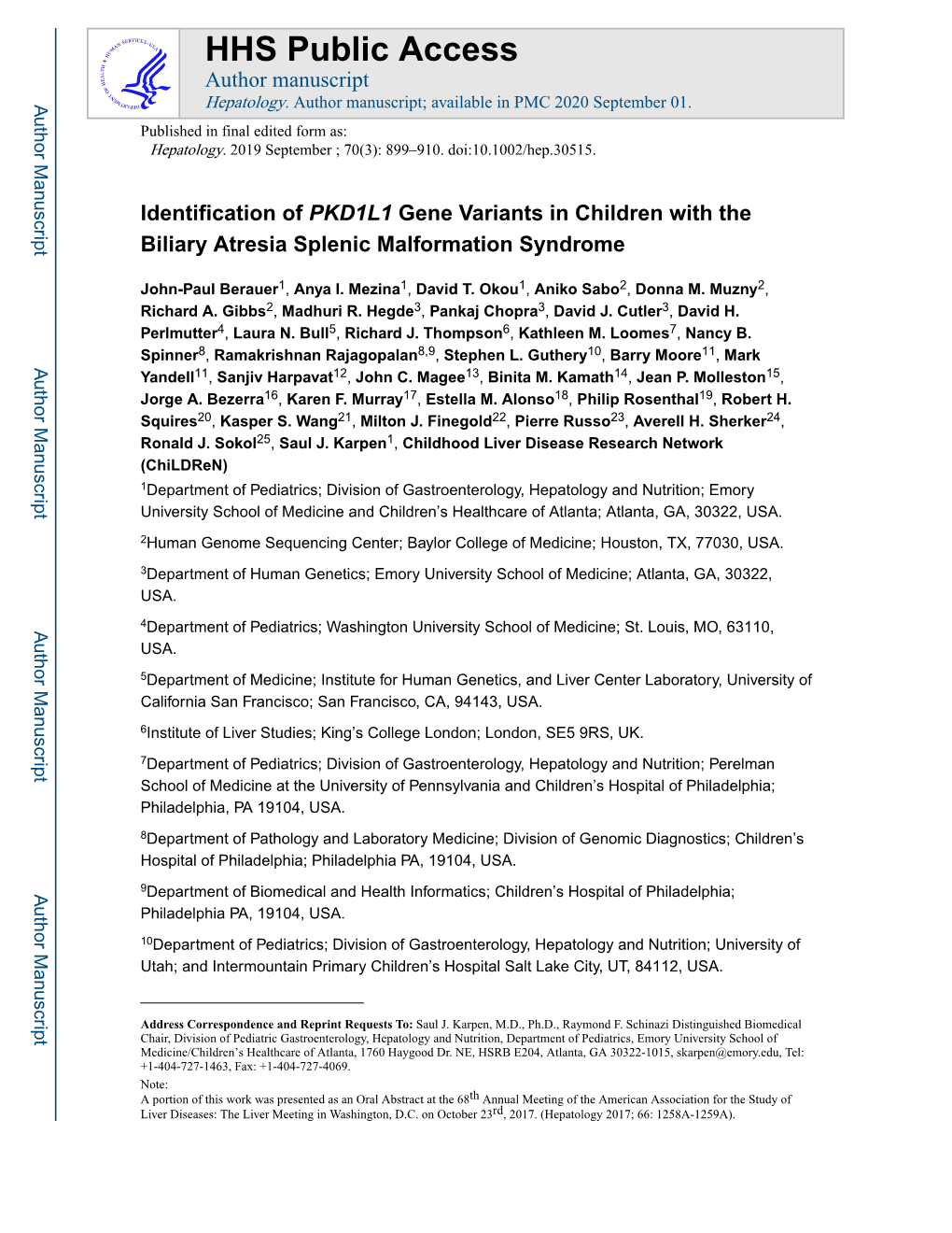 Identification of PKD1L1 Gene Variants in Children with the Biliary Atresia Splenic Malformation Syndrome