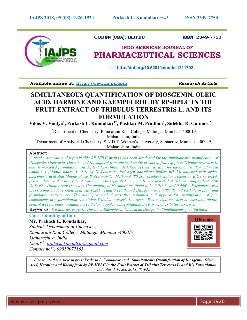 Simultaneous Quantification of Diosgenin, Oleic Acid, Harmine and Kaempferol by Rp-Hplc in the Fruit Extract of Tribulus Terrestris L