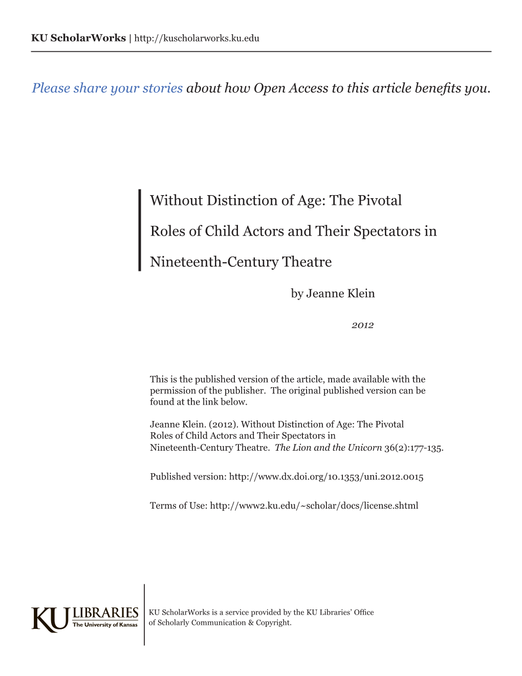 Without Distinction of Age: the Pivotal Roles of Child Actors and Their Spectators in Nineteenth-Century Theatre