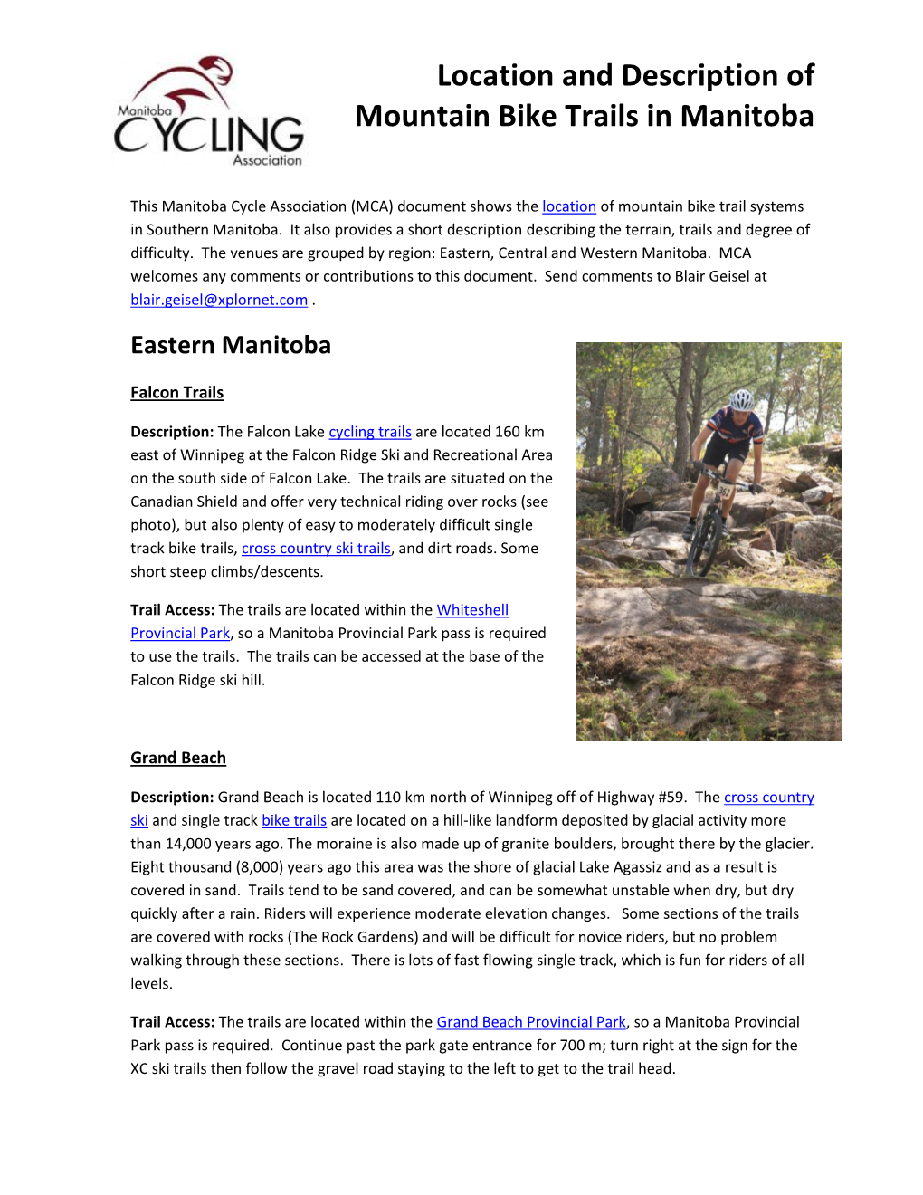 Location and Description of Mountain Bike Trails in Manitoba