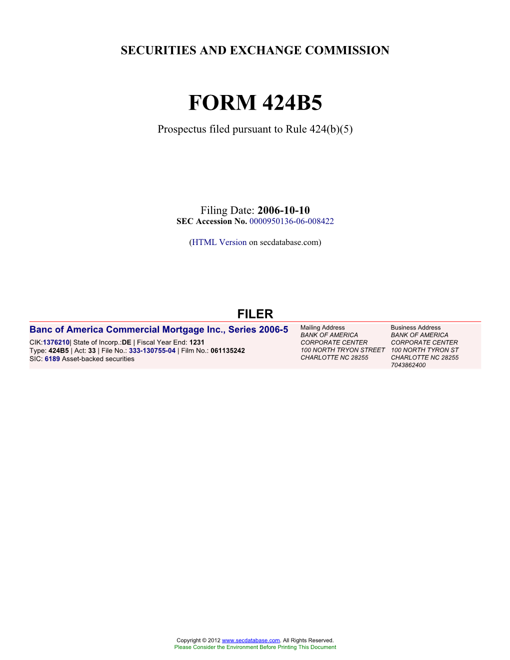 Banc of America Commercial Mortgage Inc., Series 2006-5 (Form