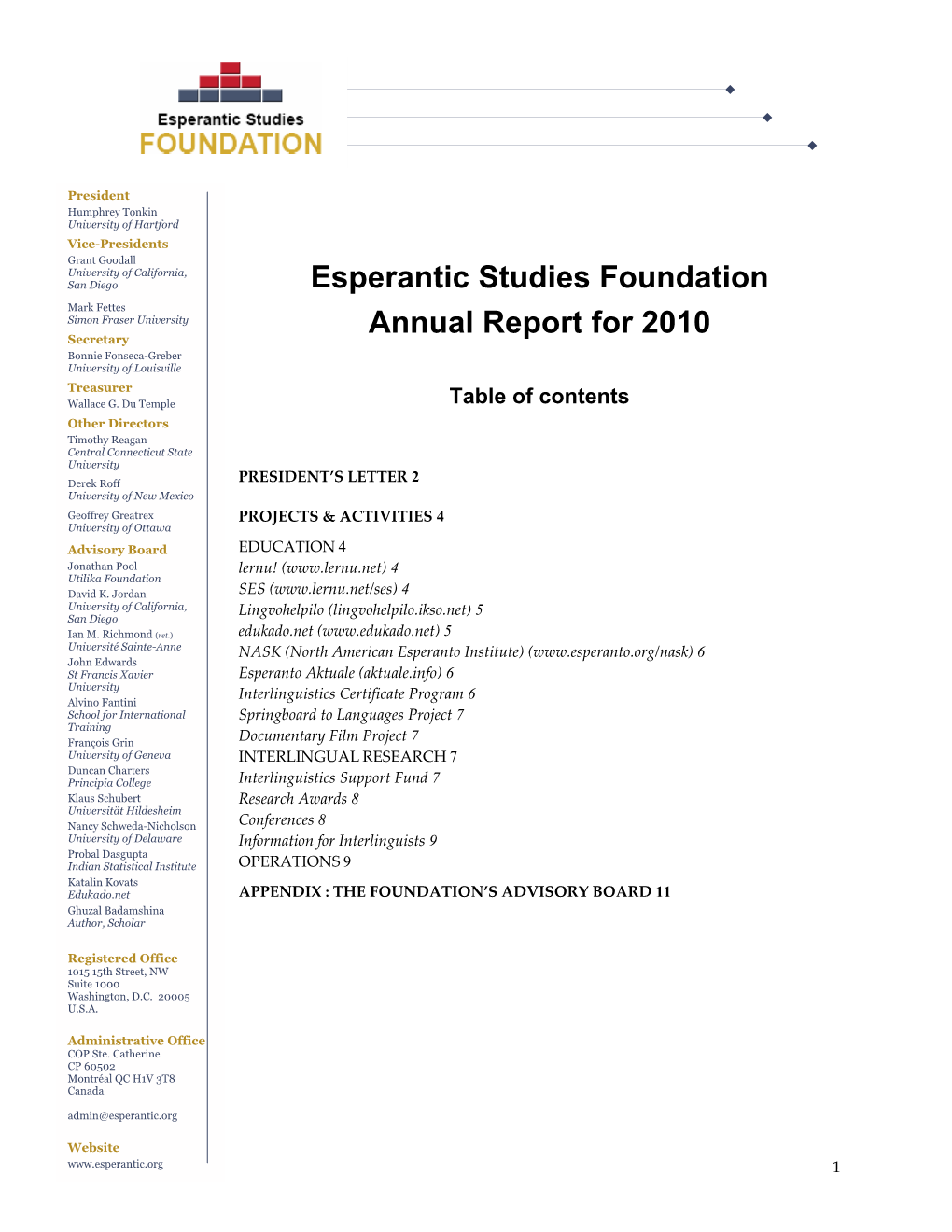 Esperantic Studies Foundation Annual Report for 2010