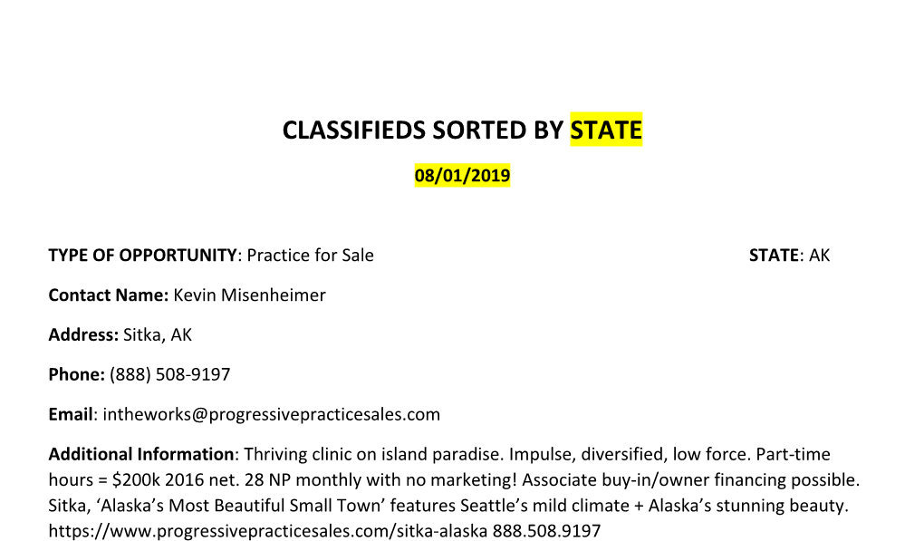 Classifieds Sorted by State