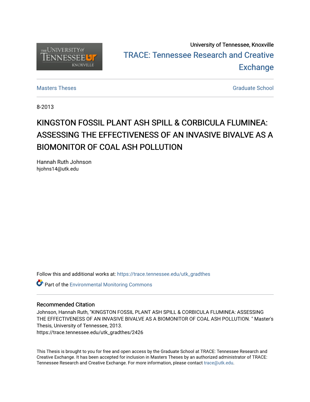 Kingston Fossil Plant Ash Spill & Corbicula Fluminea