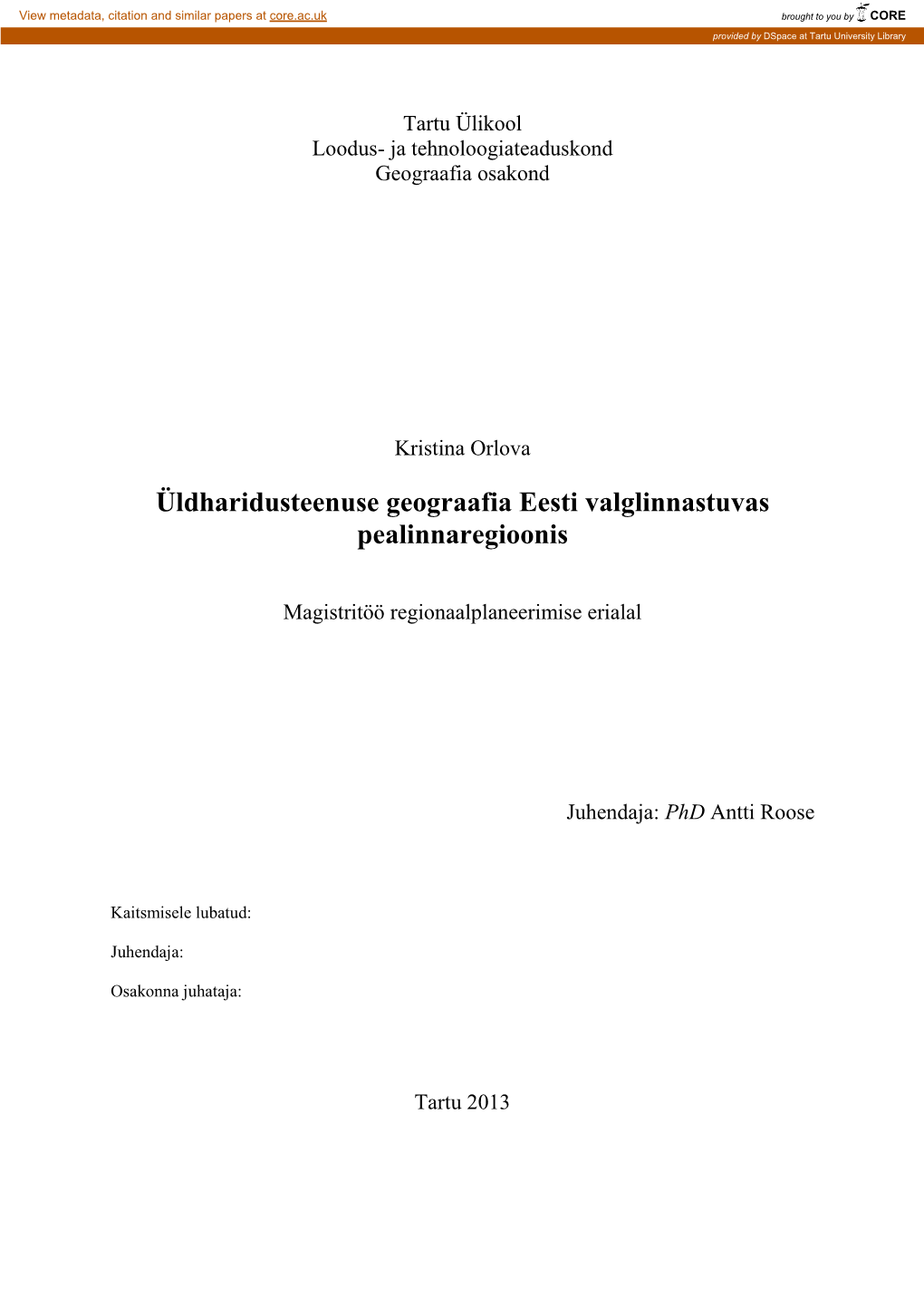 Üldharidusteenuse Geograafia Eesti Valglinnastuvas Pealinnaregioonis