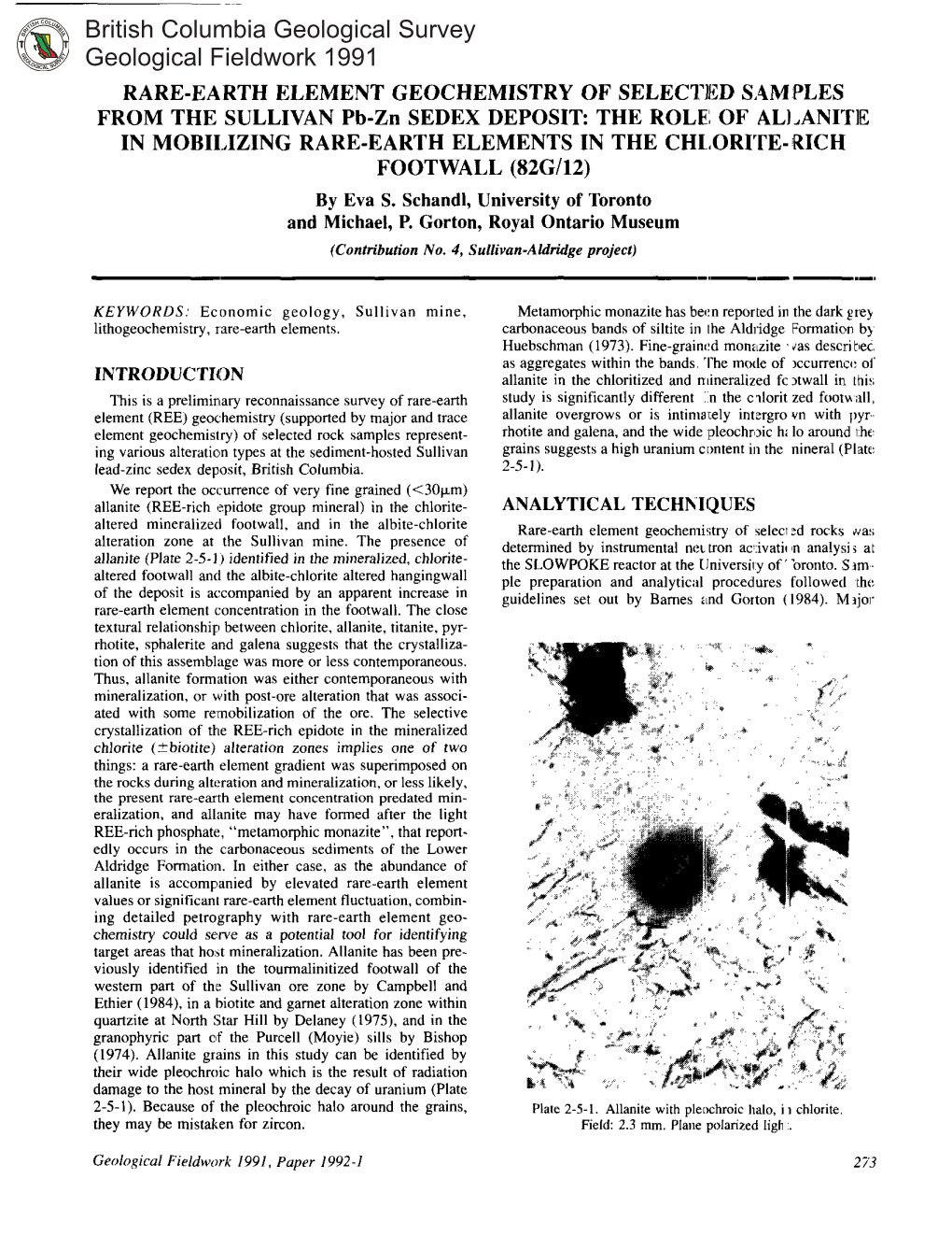 British Columbia Geological Survey Geological Fieldwork 1991