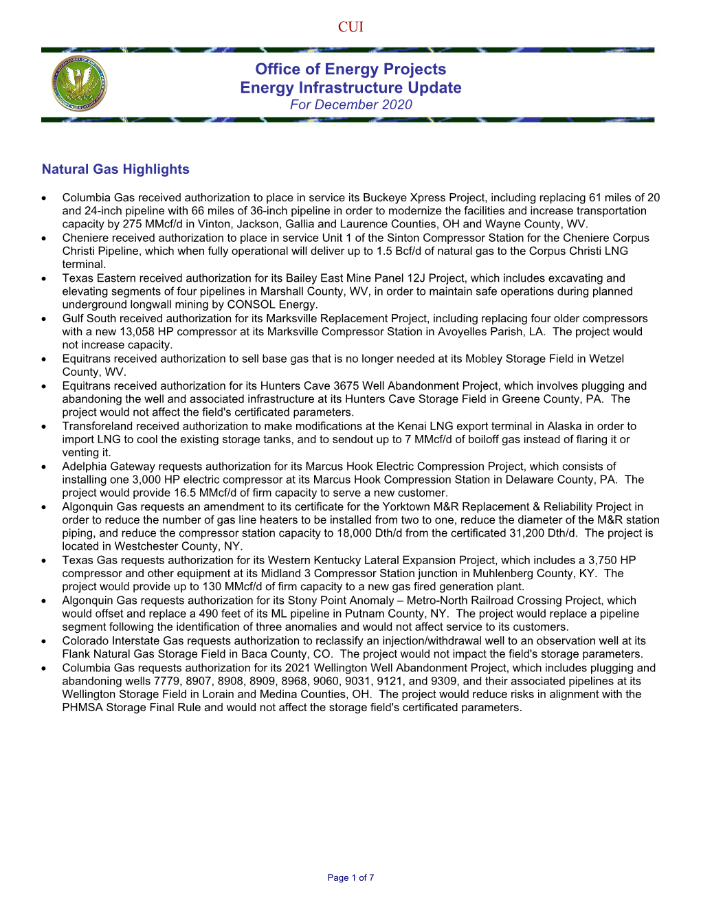 Office of Energy Projects Energy Infrastructure Update for December 2020