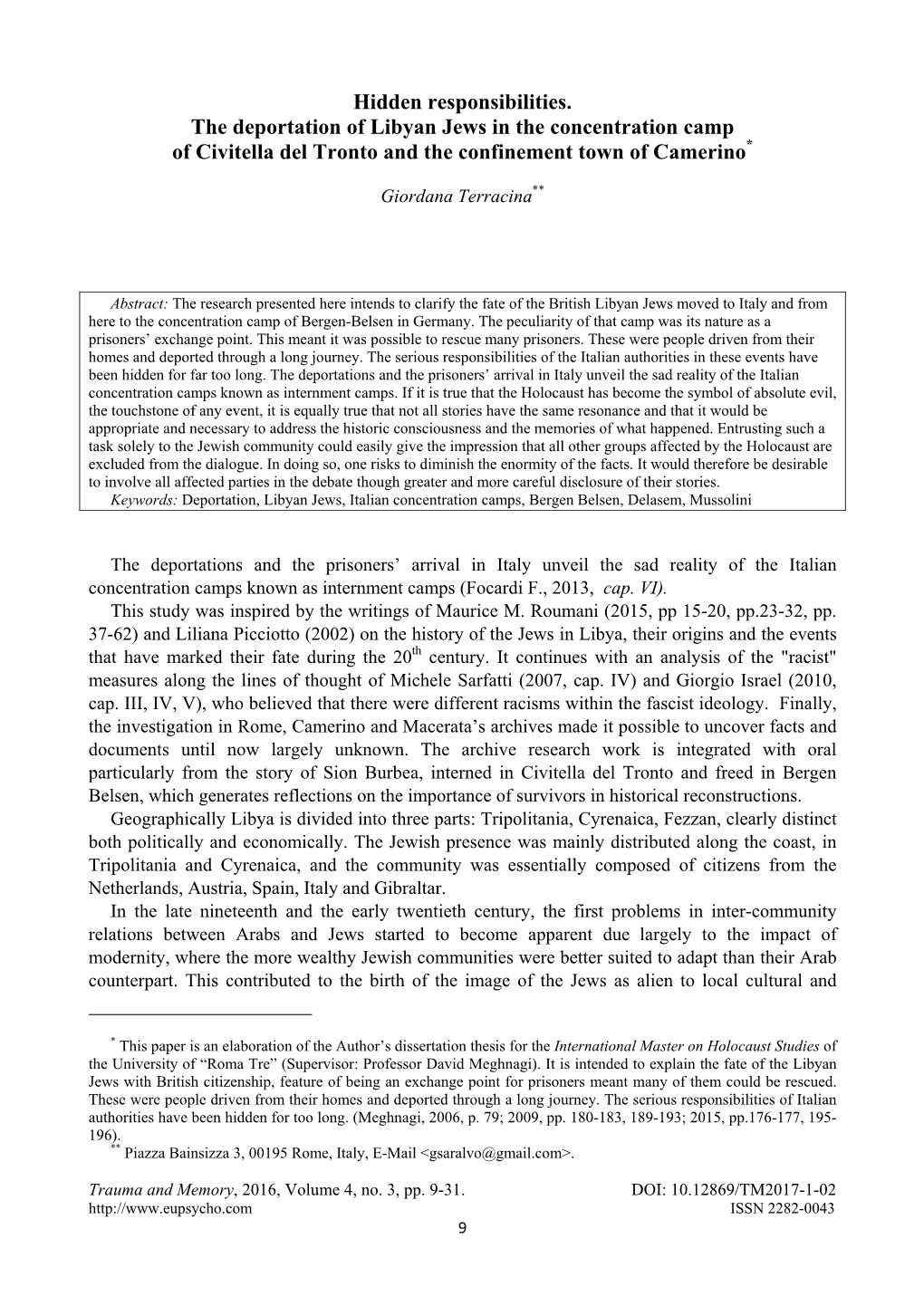 Hidden Responsibilities. the Deportation of Libyan Jews in the Concentration Camp of Civitella Del Tronto and the Confinement Town of Camerino*