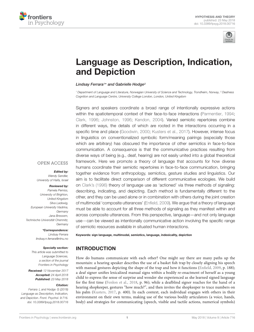 Language As Description, Indication, and Depiction