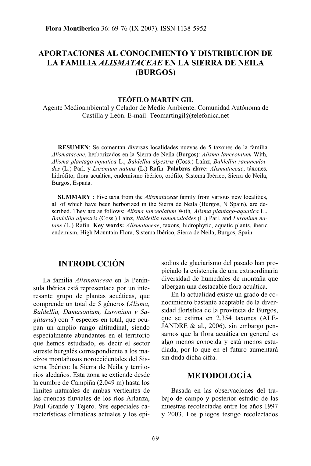 Aportaciones Al Conocimiento Y Distribucion De La Familia Alismataceae En La Sierra De Neila (Burgos)