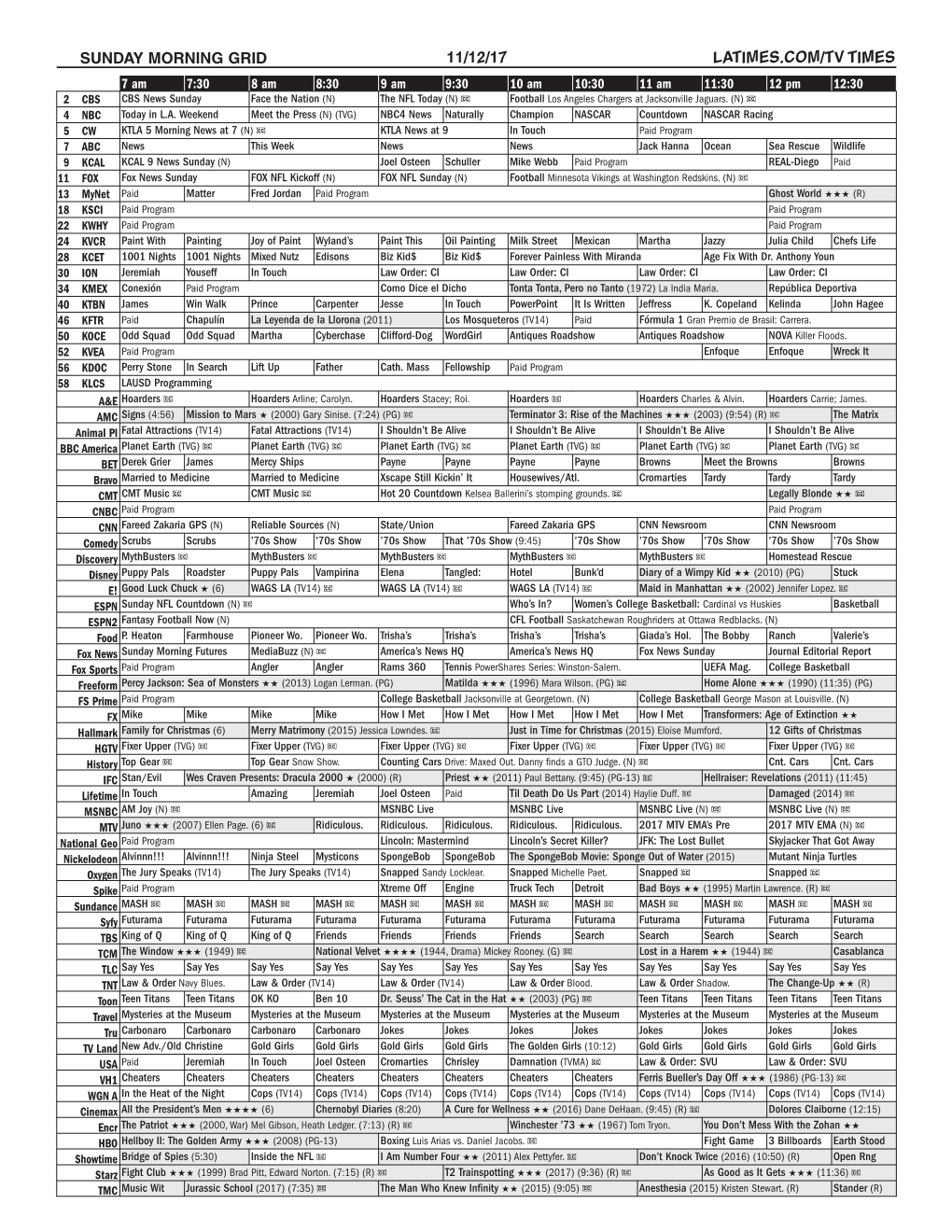 Sunday Morning Grid 11/12/17 Latimes.Com/Tv Times