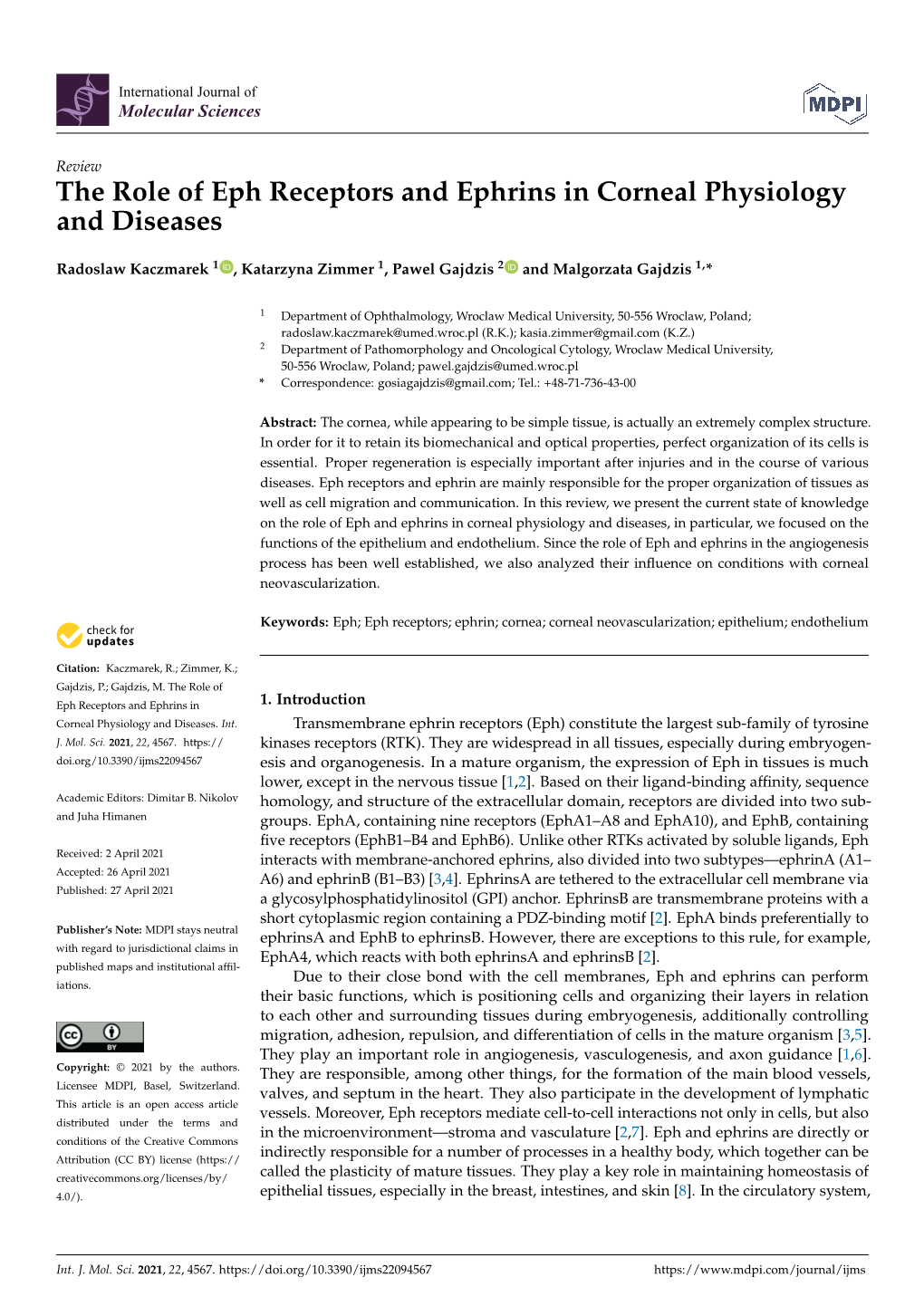 The Role of Eph Receptors and Ephrins in Corneal Physiology and Diseases