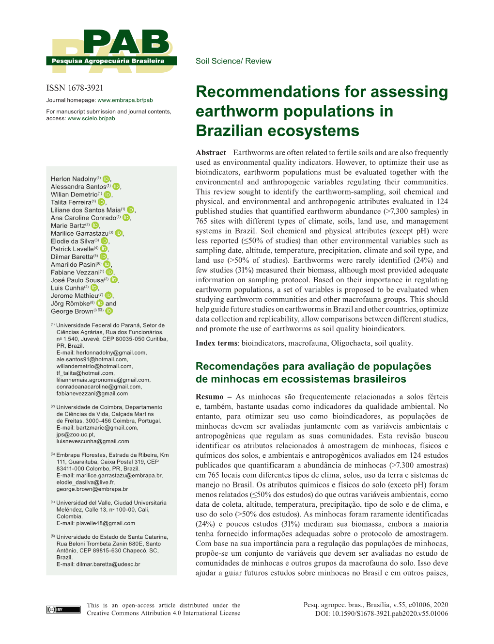 Recommendations for Assessing Earthworm Populations in Brazilian Ecosystems