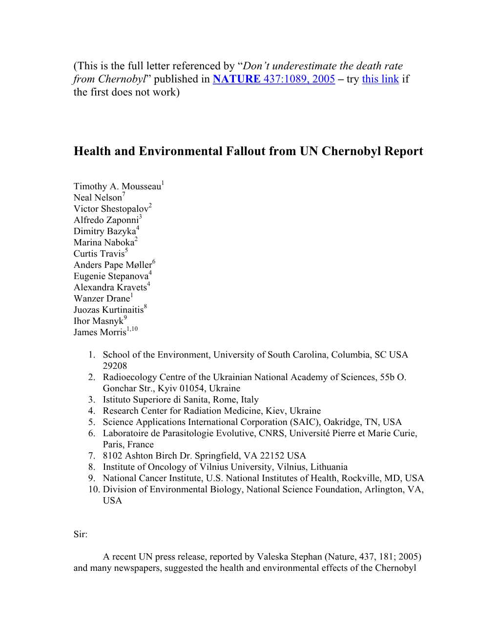 Health and Environmental Fallout from UN Chernobyl Report