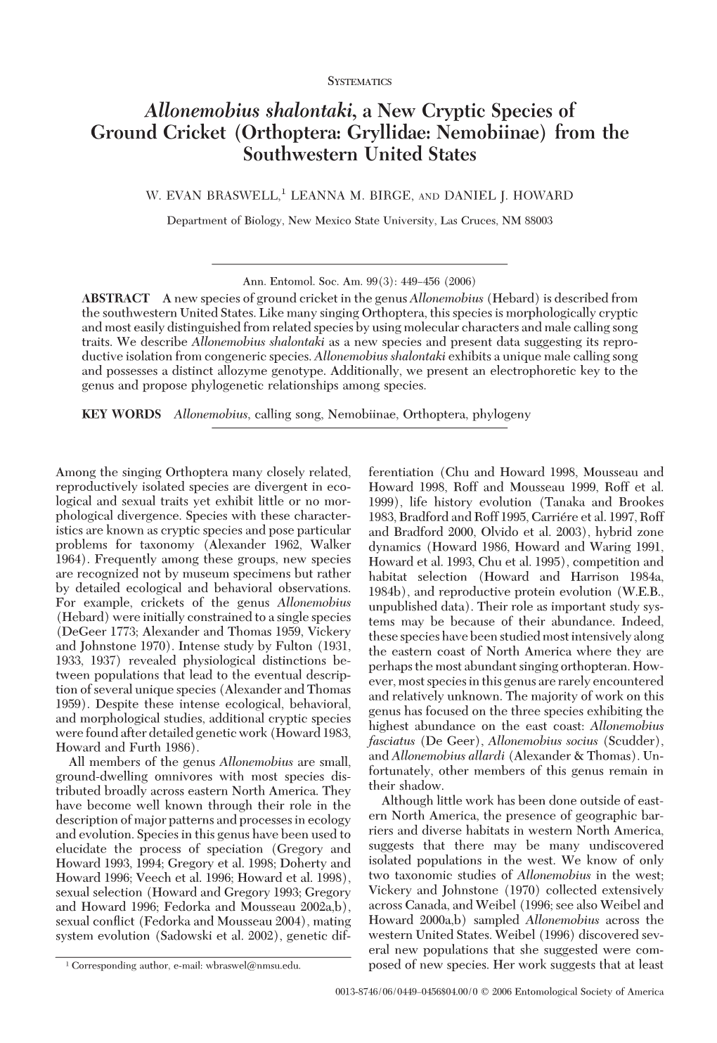 Allonemobius Shalontaki, a New Cryptic Species of Ground Cricket (Orthoptera: Gryllidae: Nemobiinae) from the Southwestern United States