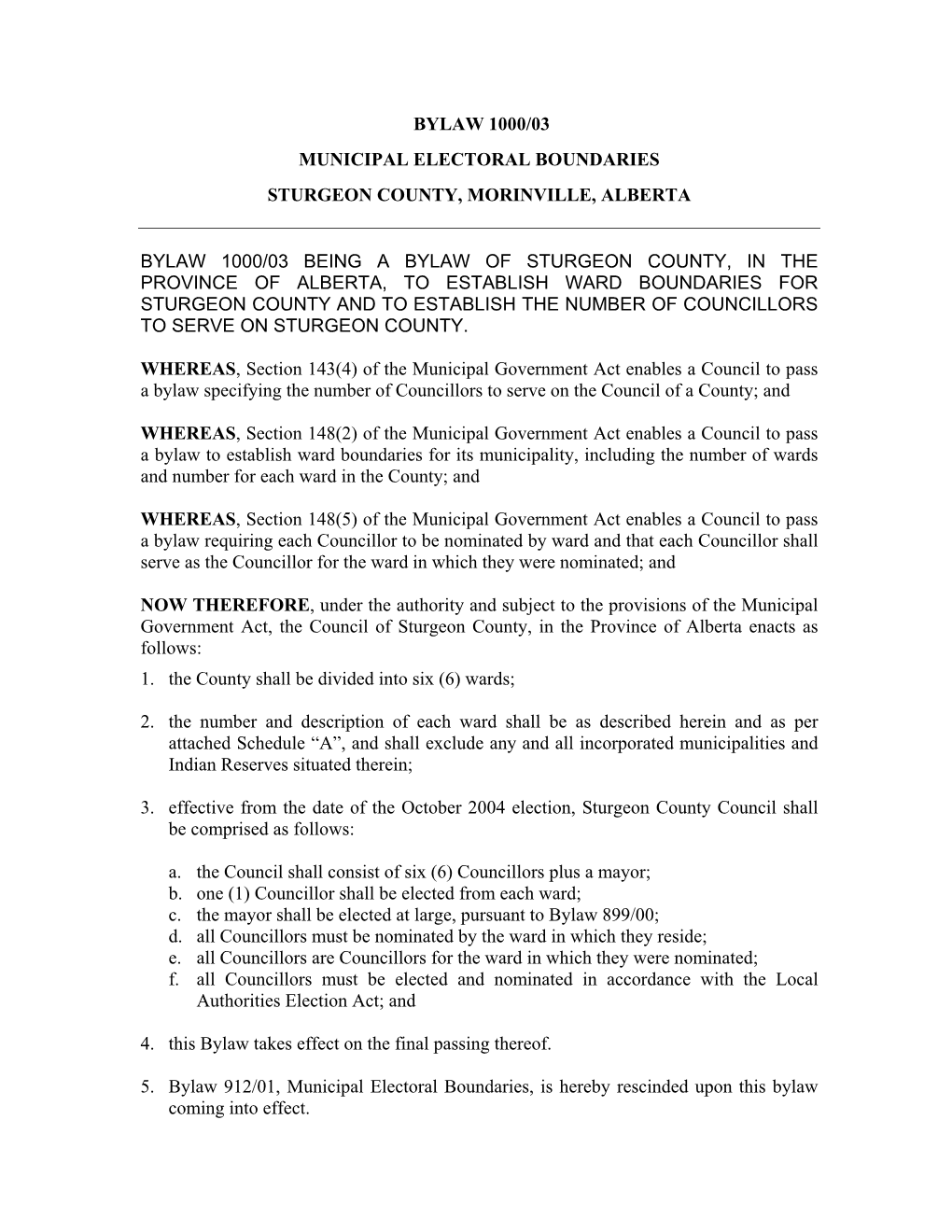 Bylaw 1000/03 Municipal Electoral Boundaries Sturgeon County, Morinville, Alberta