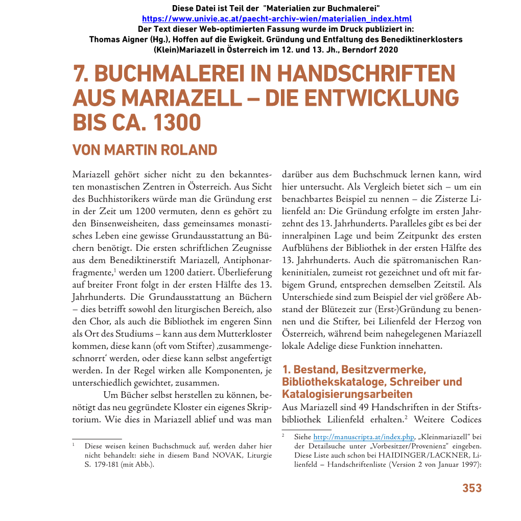 7. Buchmalerei in Handschriften Aus Mariazell – Die Entwicklung Bis Ca