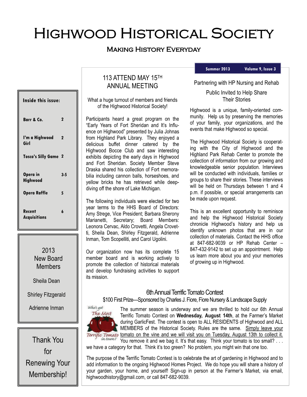 Click Here for Our Summer 2013 Newsletter