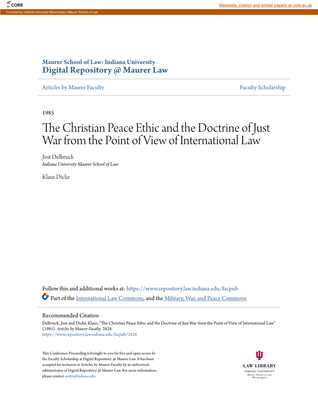 The Christian Peace Ethic and the Doctrine of Just War from the Point of View of International Law