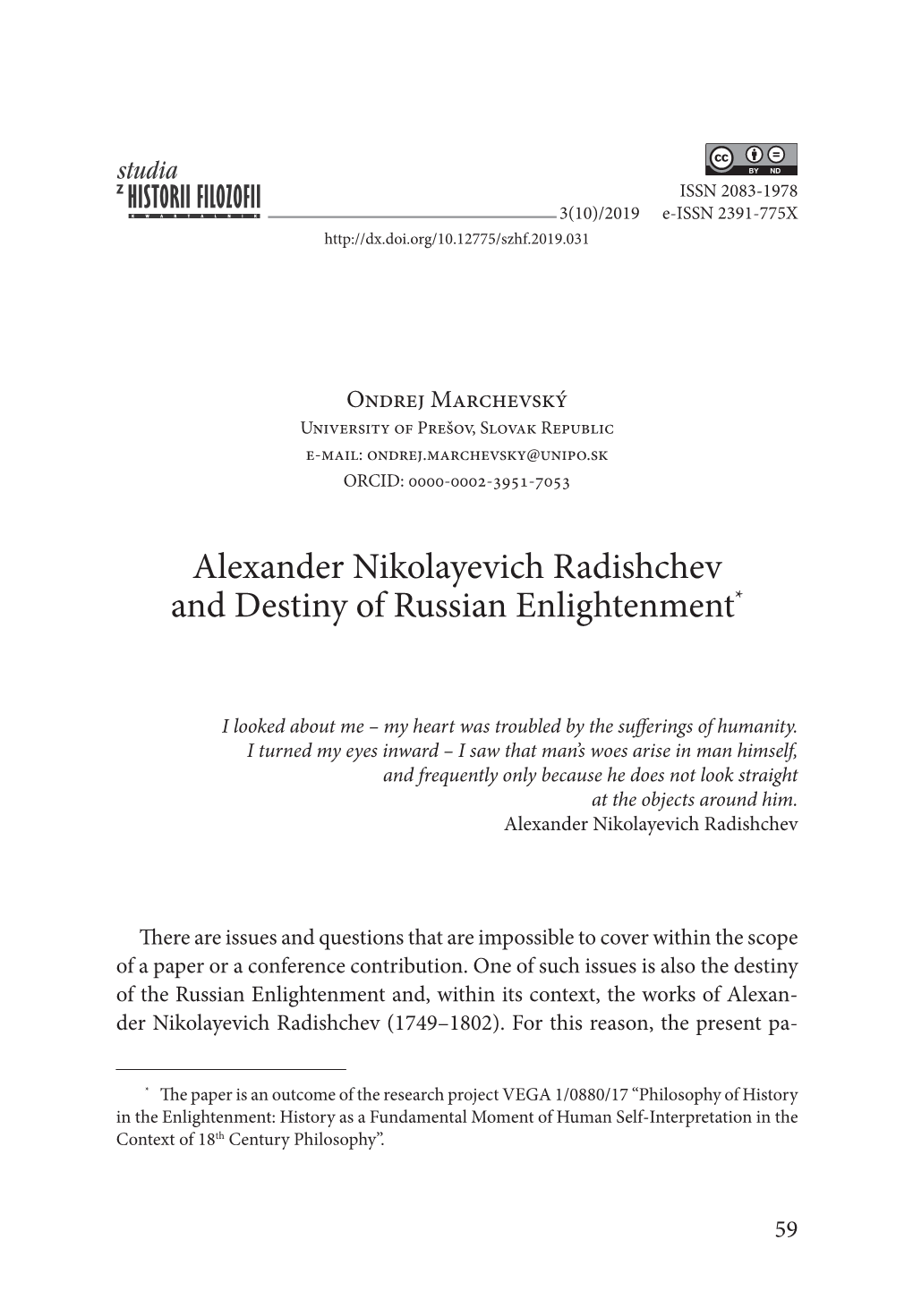 Alexander Nikolayevich Radishchev and Destiny of Russian Enlightenment*