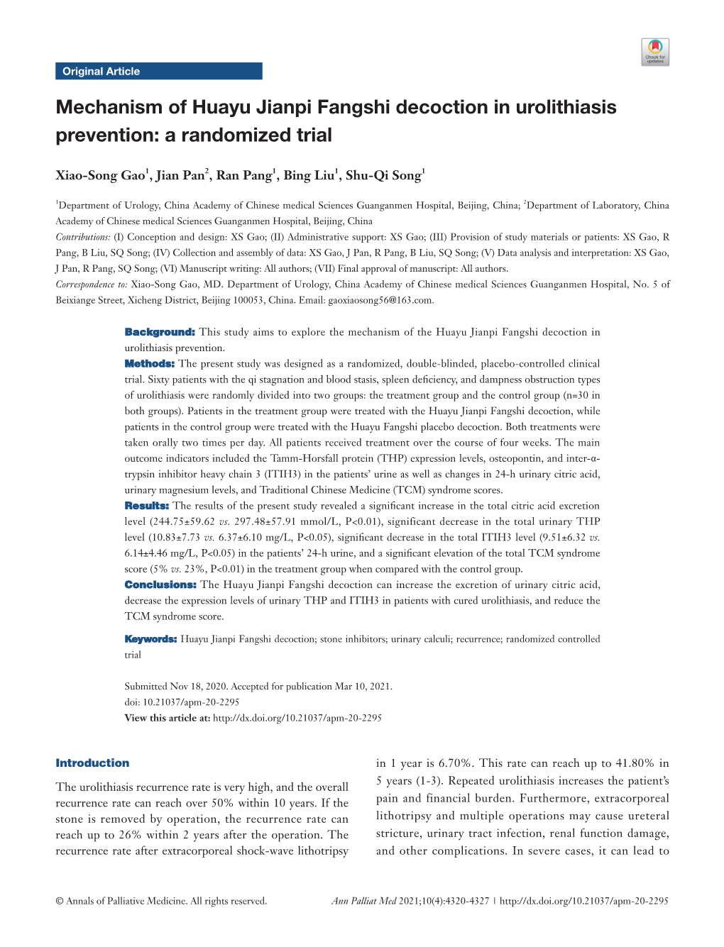 Mechanism of Huayu Jianpi Fangshi Decoction in Urolithiasis Prevention: a Randomized Trial