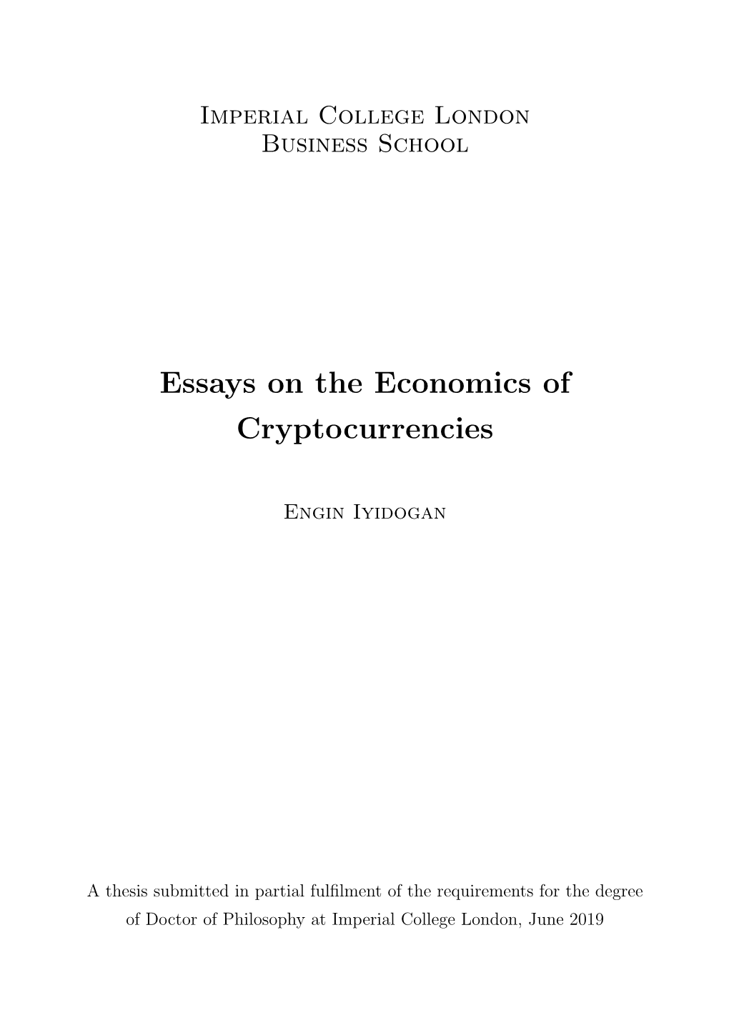 Essays on the Economics of Cryptocurrencies