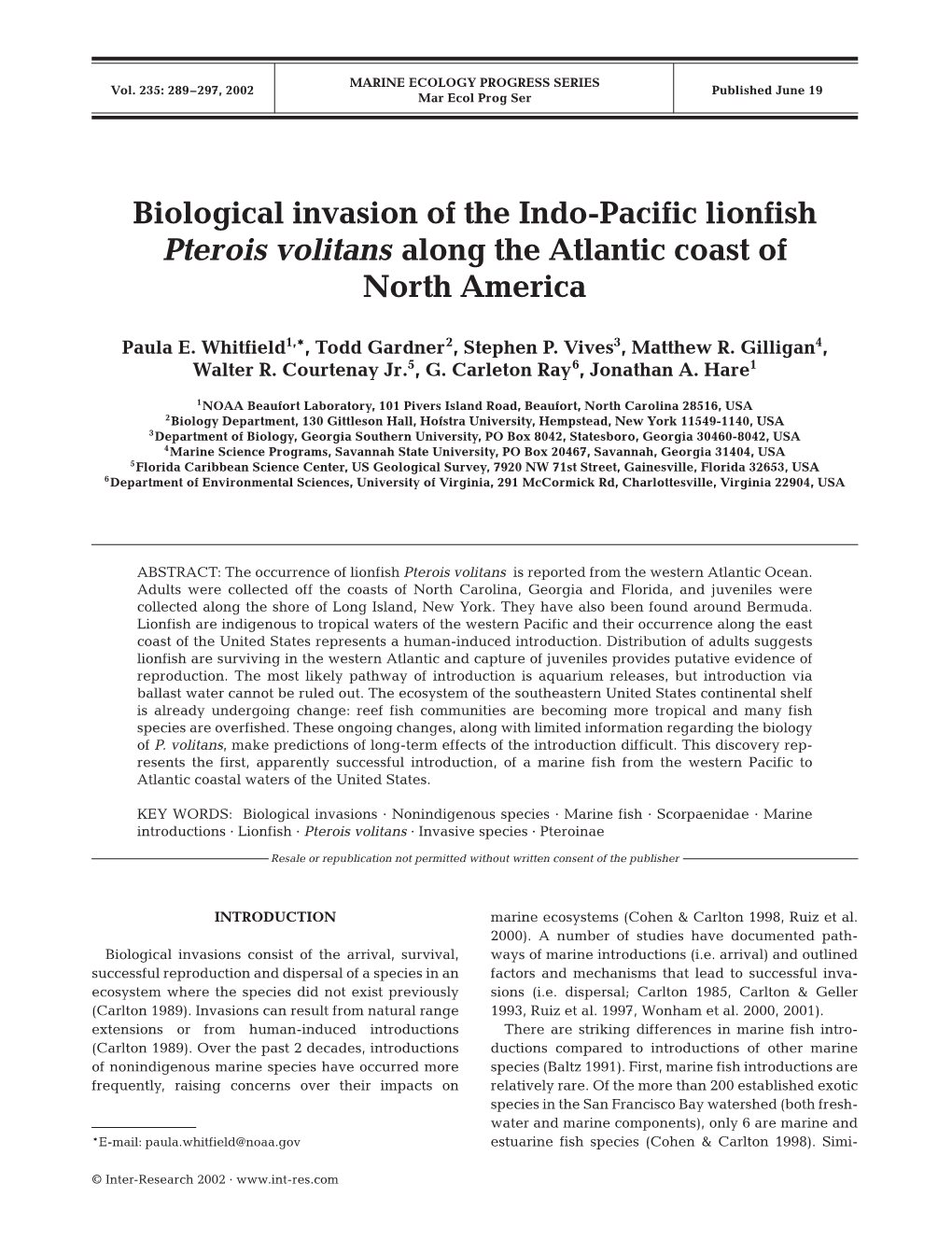 Biological Invasion of the Indo-Pacific Lionfish Pterois Volitans Along the Atlantic Coast of North America
