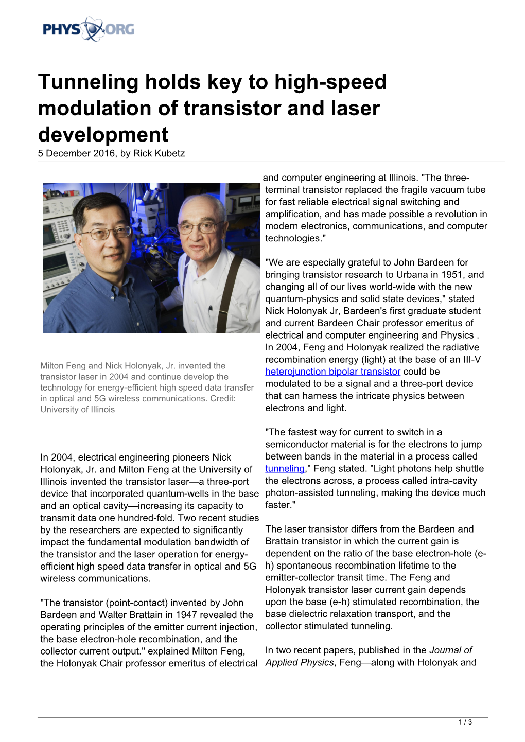 Tunneling Holds Key to High-Speed Modulation of Transistor and Laser Development 5 December 2016, by Rick Kubetz