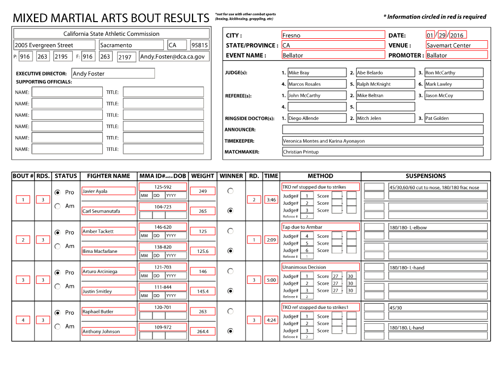 MIXED MARTIAL ARTS BOUT RESULTS (Boxing, Kickboxing, Grappling, Etc) * Information Circled in Red Is Required