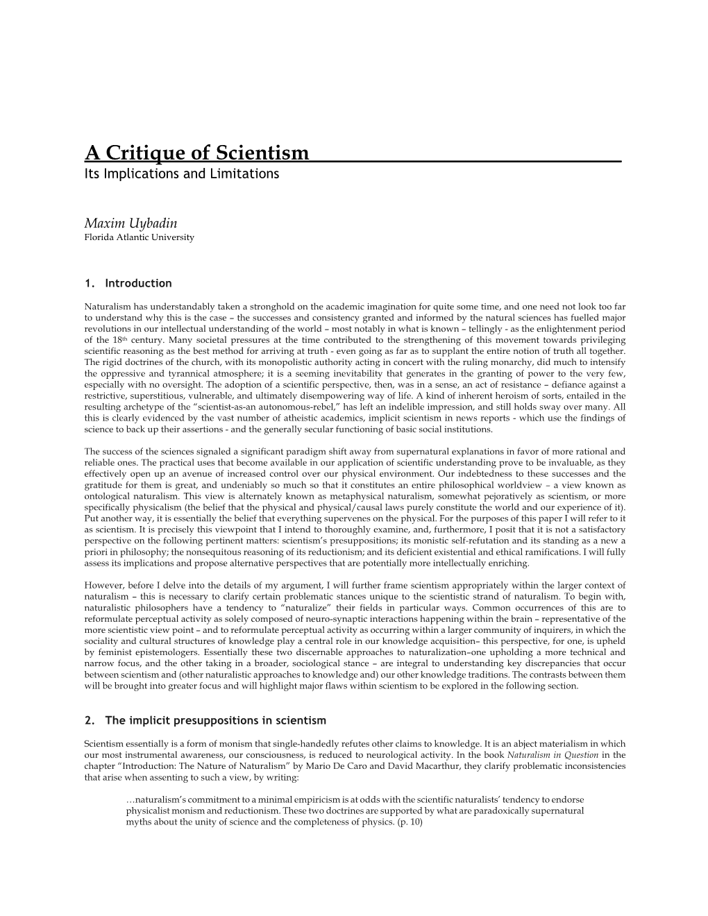 A Critique of Scientism______Its Implications and Limitations
