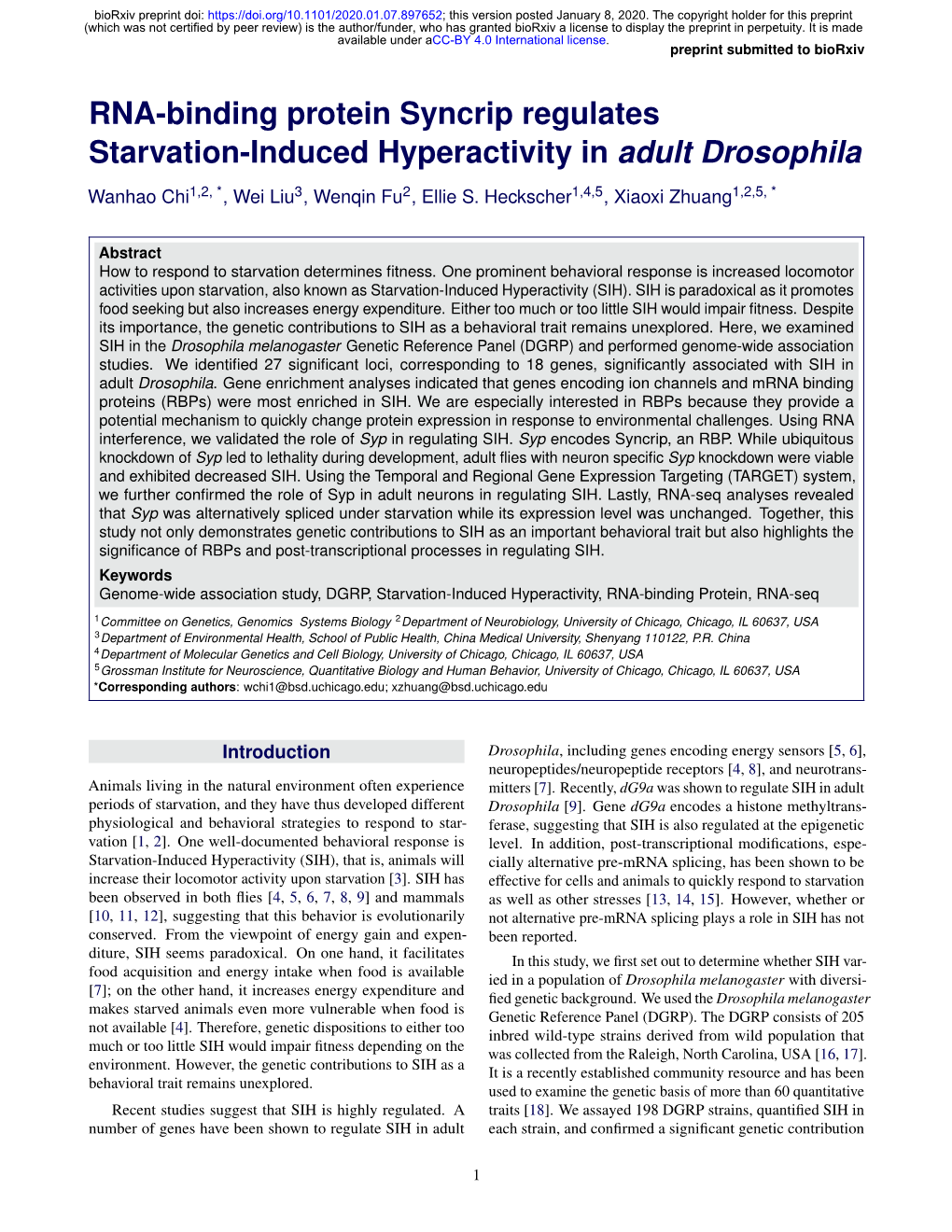 RNA-Binding Protein Syncrip Regulates Starvation-Induced Hyperactivity in Adult Drosophila