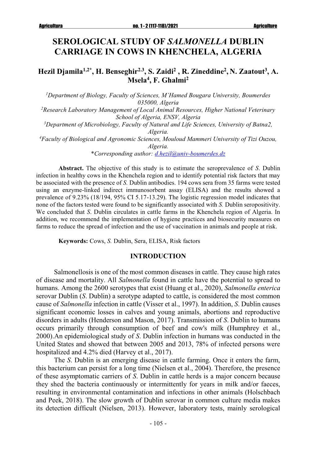 Serological Study of Salmonella Dublin Carriage in Cows in Khenchela, Algeria