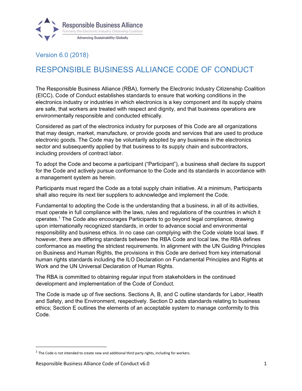 RBA Code of Conduct Was Initially Developed by a Number of Companies Engaged in the Manufacture of Electronics Products Between June and October 2004