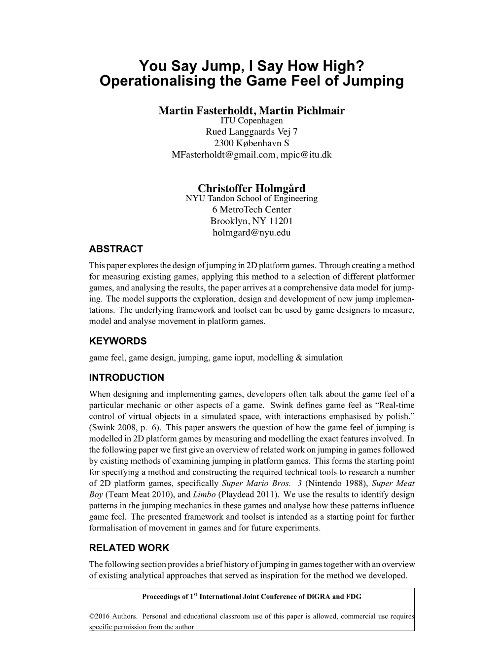 You Say Jump, I Say How High? Operationalising the Game Feel of Jumping