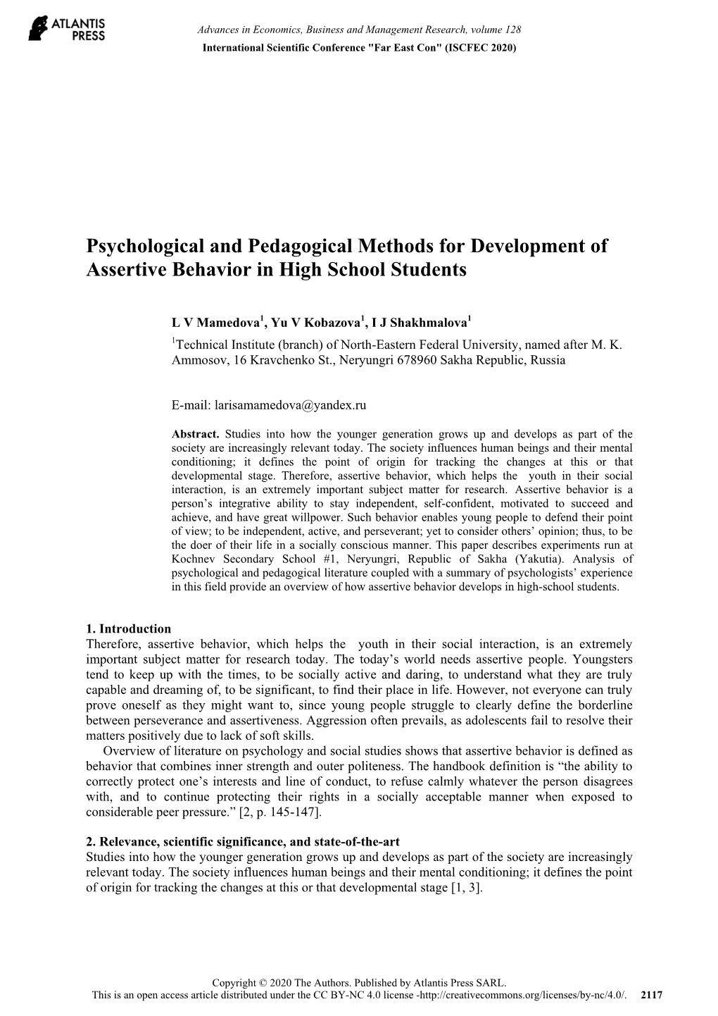 Psychological and Pedagogical Methods for Development of Assertive Behavior in High School Students